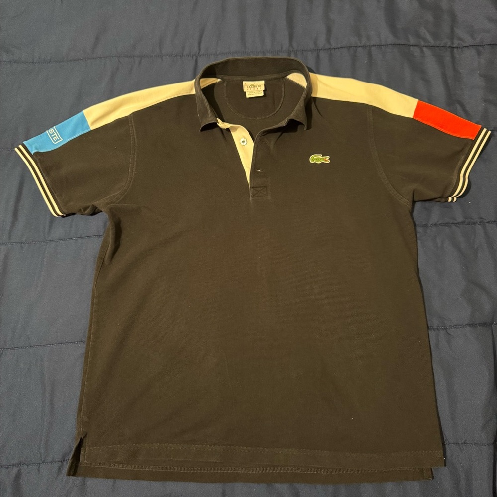 Lacoste Men's Black Polo Shirt with Colorful Sleeves Medium
